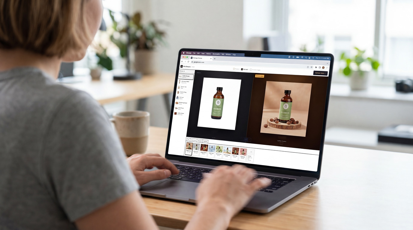 Restyle a whole product catalogue from one dashboard, then publish straight to the store.