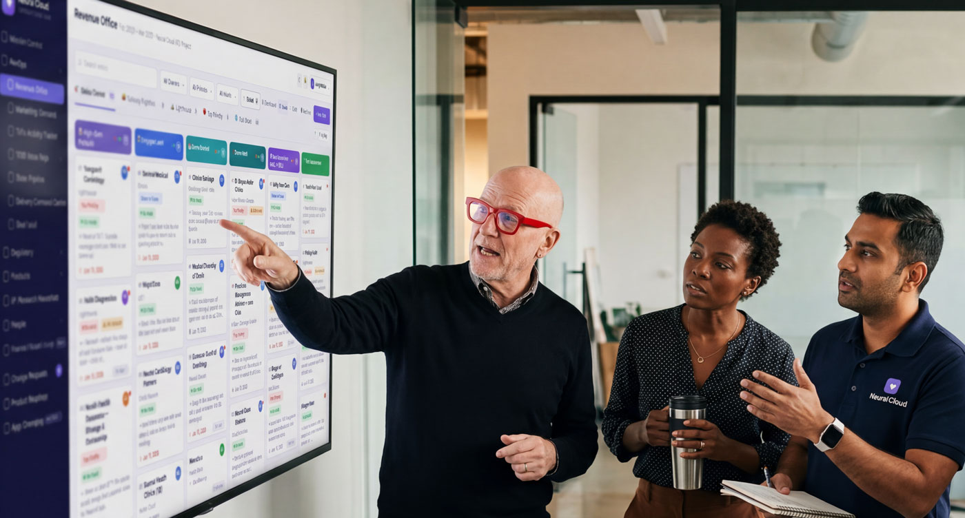 Every business area in one live view, with AI turning meetings and tickets into next actions.
